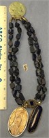 2 strand lapis chunk necklace carved jade pendant