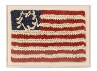 SHADOWBOX FRAMED FOLK ART AMERICAN FLAG RAG RUG