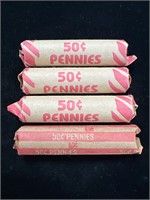 Lot of Four Unsearched Rolls of Wheat Pennies