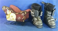 Nordica downhill ski boots with wooden sleigh