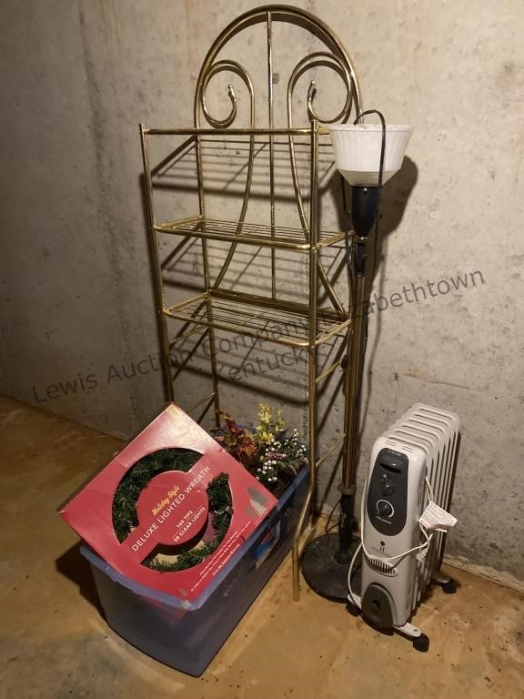Metal shelf, lamp, portable heater, tote with