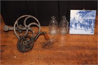 Vintage metal gears, glass measured jars and print