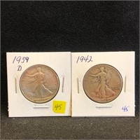 1939D & 1942 Walking Liberty Half Dollars