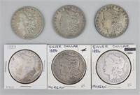 1883 (2),1884-S, 1886 (2) & 1886-O Silver Morgans.