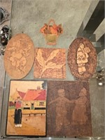 Set of Carved & Burned Wood Pyrography Decor