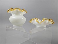 Fenton Gold Crest Ruffled Milk Glass Vase & Dish