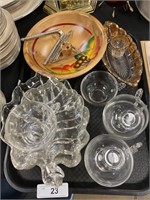 Leaf saucers/cups, wood bowl, glass dish.