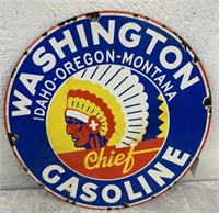Round Enamel "WASHINGTON CHIEF GASOLINE" Sign