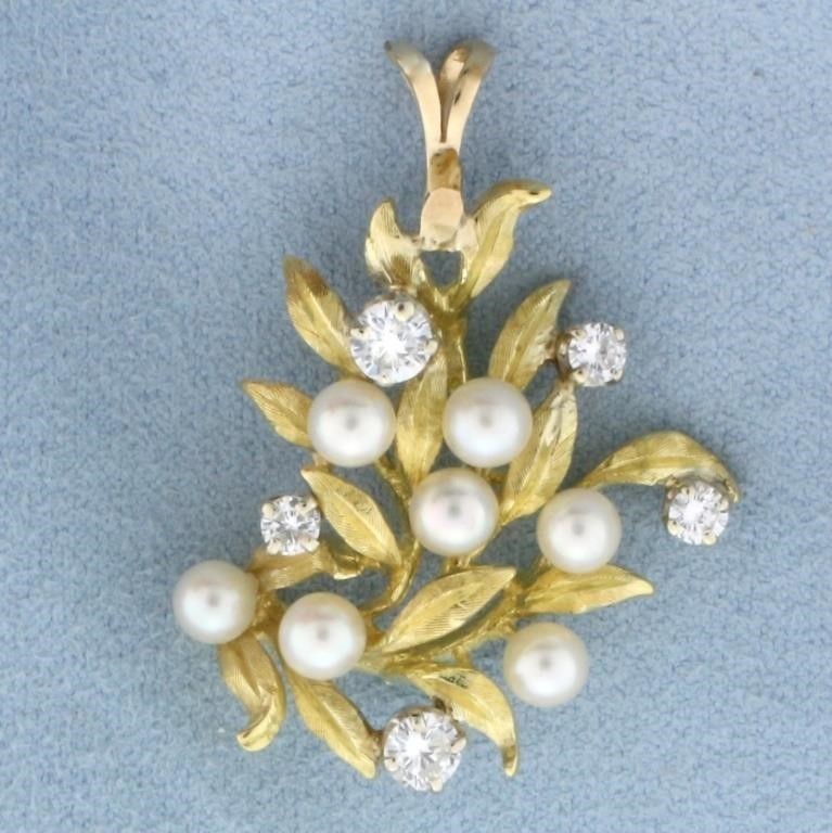 Diamond and Pearl Leaf Design Pendant in 18k Yello