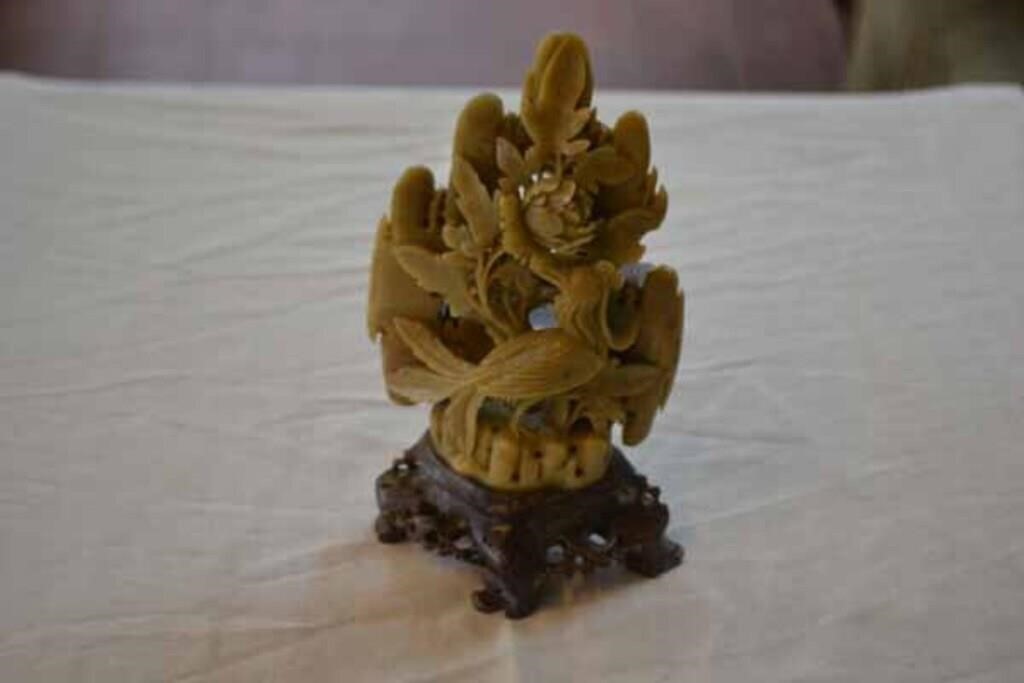 Vintage Chinese Soap Stone Hand Carved Floral Bird