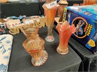 4 Carnival glass vases