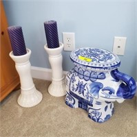 BLUE AND WHITE ELEPHANT WITH CANDLE HOLDERS