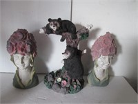 BEAR STATUE & 2 GARDEN HEADS