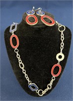 Red white and blue enamel silvertone necklace and