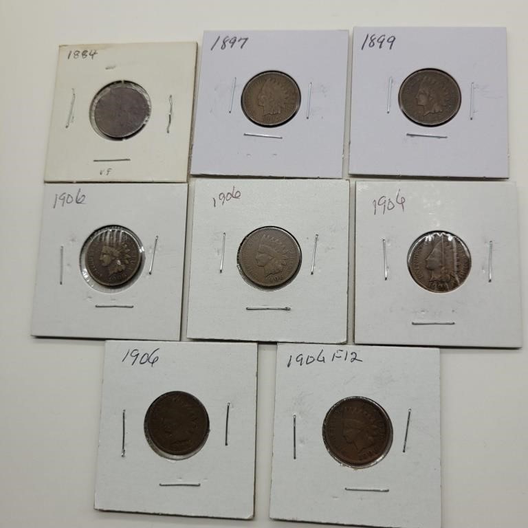 8- INDIAN HEAD PENNIES 1884, 1897, 1899, 1906,