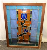 leaded art glass panel w/wood frame apx. 31"x 2ft