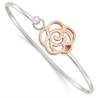 Sterling Silver Rose-tone Polished Flower Bangle