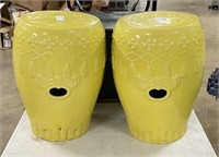 Two Yellow Ceramic Garden Stools w/ Tassels