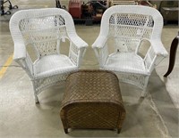 Two Wicker Armchairs and Stool