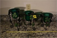 396: (3) Decorative Holly green candle holders