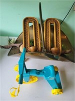 WOOD HOLDER, TOY TRICYCLE, PAIR SCONCES, ETC.