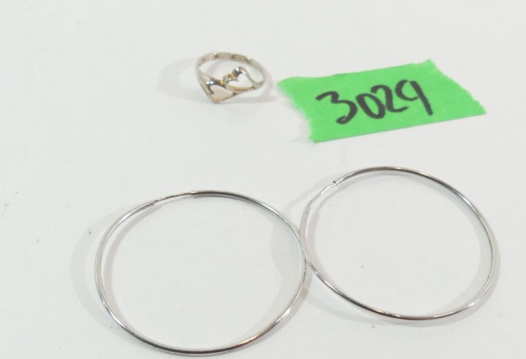 Sterling Silver Ring (6) and Hoop Earrings