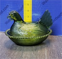 Vintage Green Glass Hen On Nest