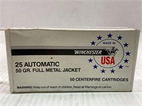 50 ROUNDS OF WINCHESTER 25 AUTO 50 GR. FULL METAL