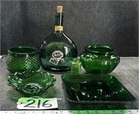 6 Pc Green Glass Lot Bowl Bottle Plate