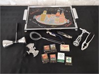 Vintage bar tray and accessories lot.