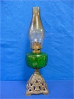 Oil Lamp Cast Base With Green Glass