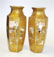 Pair Japanese Satsuma hexagonal vases