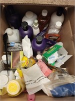 Box of Assorted Bathroom Supplies. Shampoos,