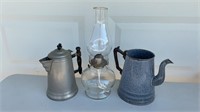 Oil lamp & 2 primitive metal pots