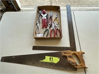 Pliers, hand saw, square