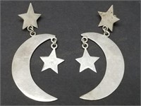 2.75" Tall Sterling Moon & Star Dangle Earrings