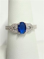 .925 Silver Sapphire & Micro Pave Ring Sz 7  R