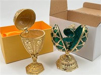 2 Enameled Egg Trinket Boxes - Green & Gold Color
