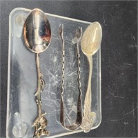 Antique Sterling souvenir spoons & sugar tongs