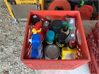 red crate of lawn and garden and garage items