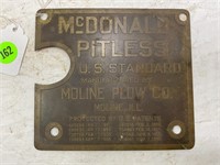 MOLINE PLOW CO. MCDONALD PITLESS BRASS TAG - 5 1/4