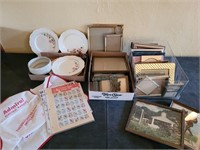 Pictures and frames, plates, 1950's apron, stamps
