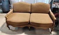Wooden Love Seat w/ Tan Cushions