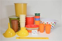 Large Plasticware Lot, M& M Bowl, Plastic Cups, 3