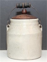 Stoneware crock with bail handle & wooden lid