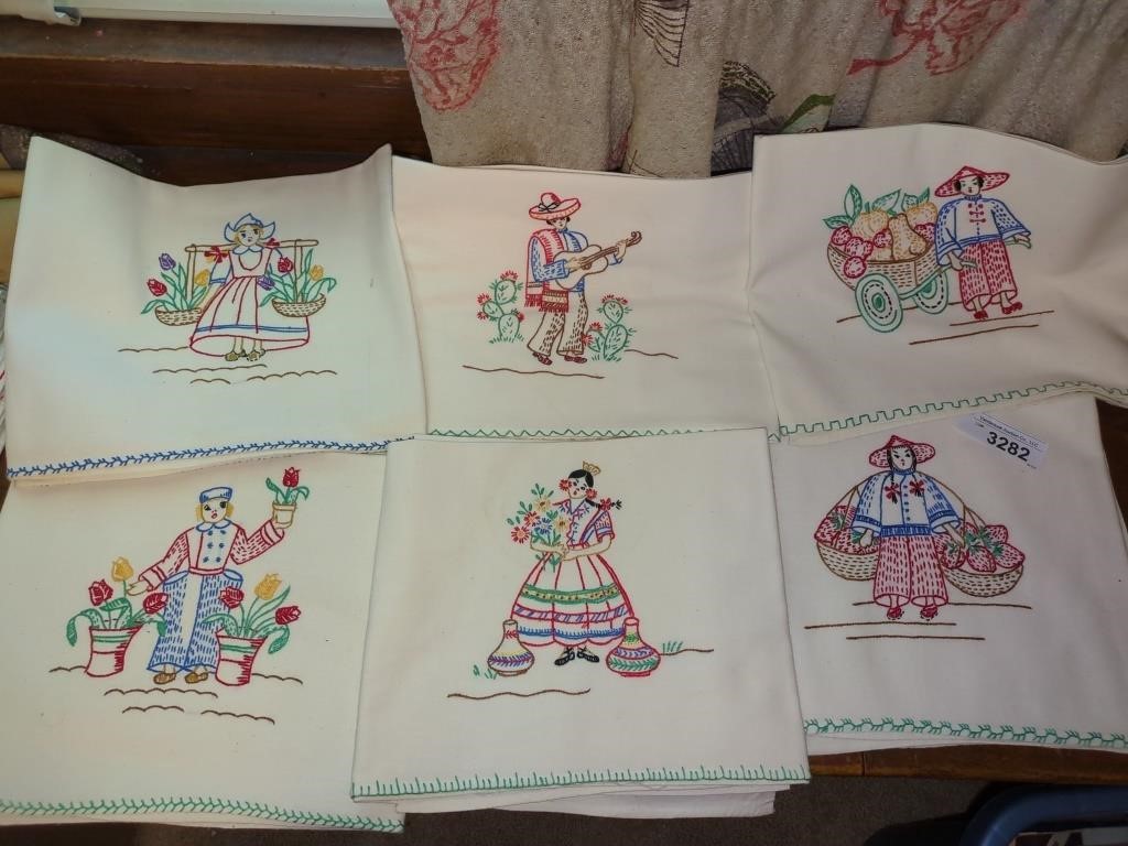 6 Embroidered large Tea Towels - each each towel