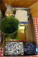 BOX LOT WITH VASE, TINS & BUTTONS