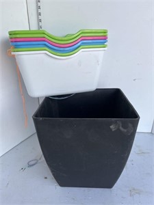 Black planter & 6 plastic bins