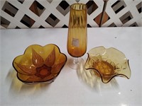 Amber Glass Bowls and Pedestal Vase