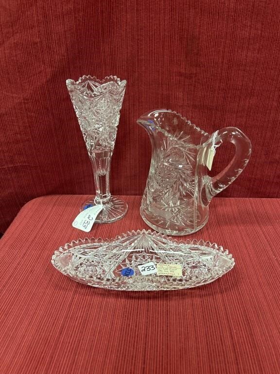 3 Cut Crystal, vase 10”, water pitcher 8.5”,